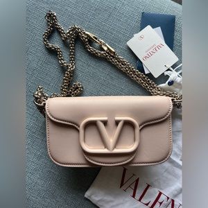 Valentino Garavani Women's LOCÒ Beige Small Leather Trimmed Shoulder Bag